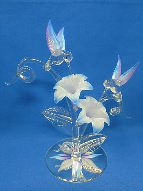 Glass Baron Hummingbirds on Floral Branch Sculpture Figurine