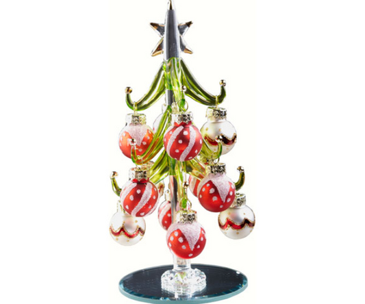 Glass Christmas Tree with Red and White Ornaments 6 Inch