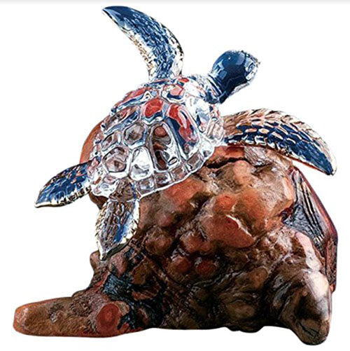 Glass Sea Turtle Figurine On Wooden Base with 22kt Gold Accents