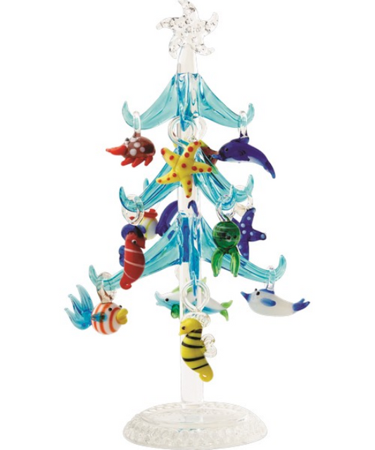 LSArts Blue Christmas Glass Tree with Sea Life Ornaments 7.75" - Gift Box