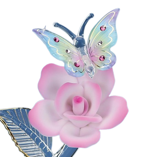 Glass Butterfly Pink Rose Figurine Accented with Genuine Crystals