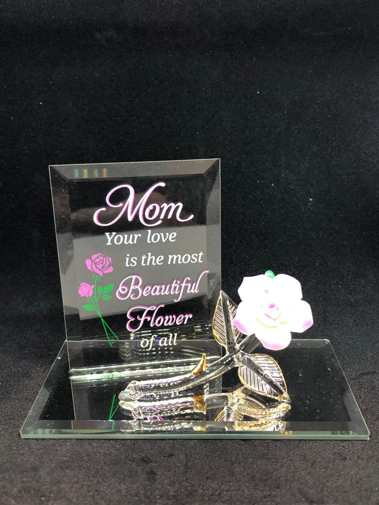 Glass Mom Figurine Pink Rose Accented with 22Kt Gold Mother's Day