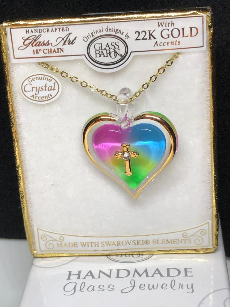 Glass Baron Necklace Rainbow Heart with Cross