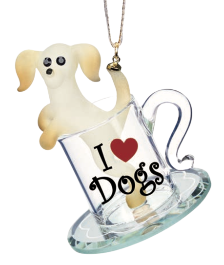 Glass Pup in a Cup ~ I Love Dogs Ornament