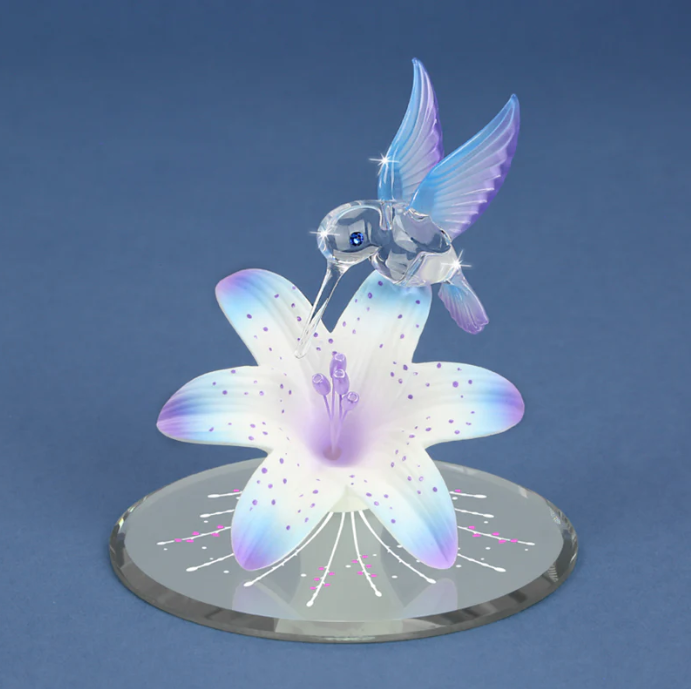 Glass Hummingbird and Blue Lily Figurine with Crystal Accents