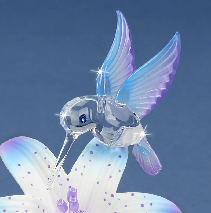 Glass Hummingbird and Blue Lily Figurine with Crystal Accents