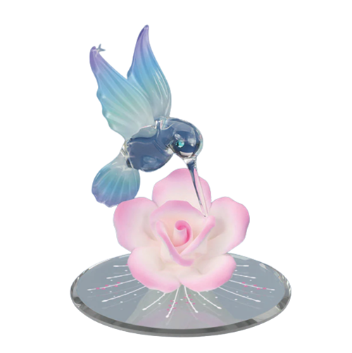 Glass Pastel Hummingbird & Pink Rose Figurine w/ Crystal Accents