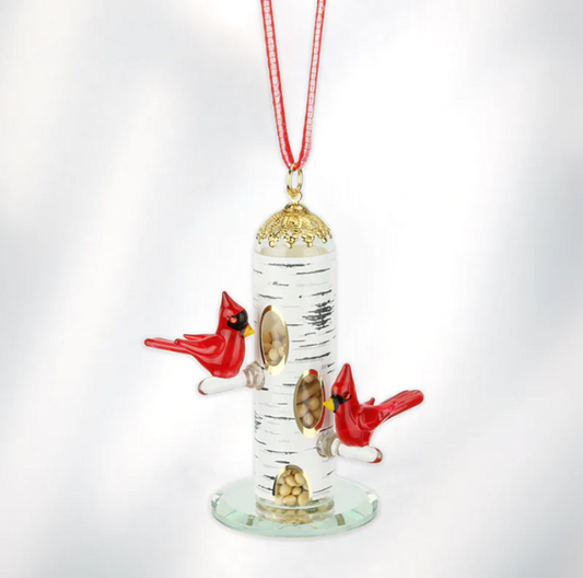 Glass Baron Cardinal and Feeder Ornament