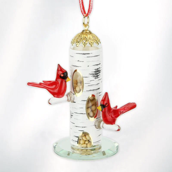 Glass Baron Cardinal and Feeder Ornament