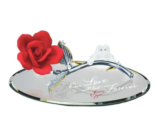 Glass Red Rose and Doves Figurine with Crystal Accents