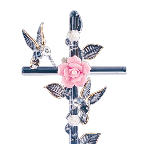 Glass Baron ~ Cross with Pink Rose and Hummingbirds