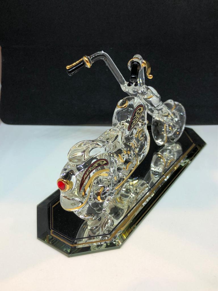 Glass Outlaw Motorcycle Figurine Accented with Crystal & Real 22Kt Gold