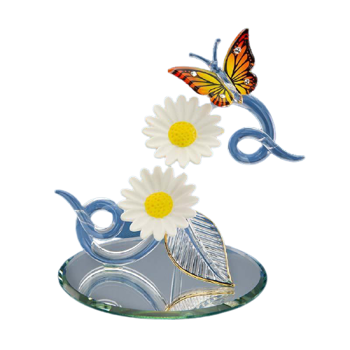 Glass  Baron Double Daisy Butterfly Figurine with Crystals Accents