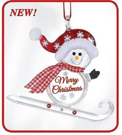 Glass Baron Snowman Sled Merry Christmas Ornament ~ Crystal Accents