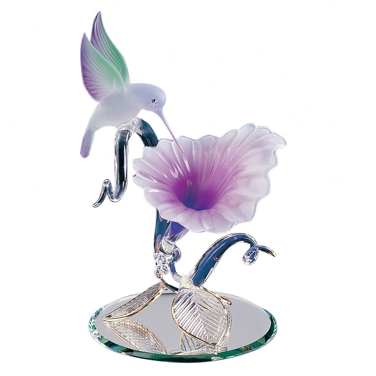Glass Hummingbird Fuchsia Flower Figurine Accented with Crystals