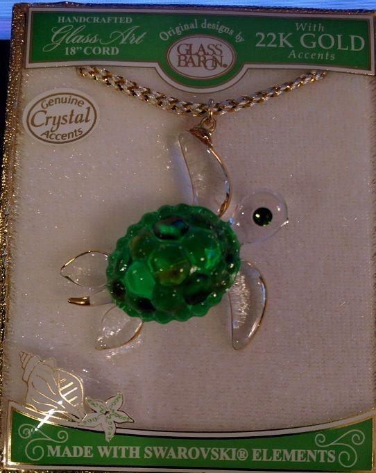 Glass Baron ~ Sea Turtle Necklace ~Crystal Eye ~ 22 kt. gold trim