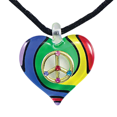 Glass Heart Peace Sign Necklace with Crystal Accents