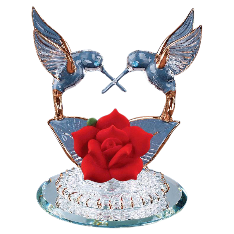 Glass Baron Hummingbirds with Red Rose Handcrafted Figurine