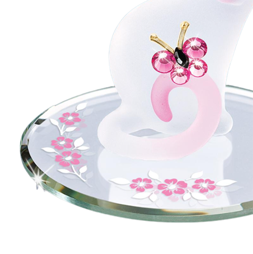 Glass Pink Kitty Cat Figurine with Crystals Accents