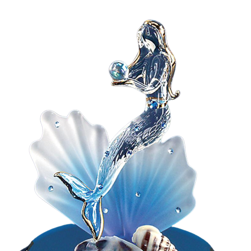 Glass Mermaid on Blue Coral Handcrafted Figurine with Crystal Accents
