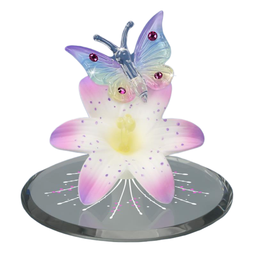 Glass Butterfly on Lavender Lily Figurine w/ Crystals Accents