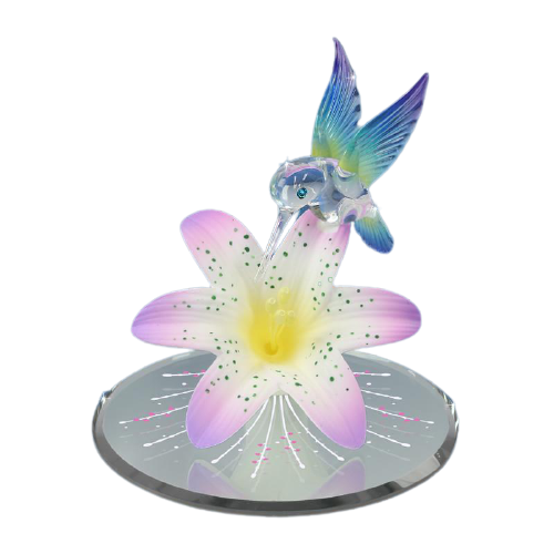 Glass Lavender Lily & Hummingbird Figurine with Crystal Accents