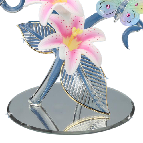 Glass Baron Pink Butterfly and Lily Collectible Figurine with Crystal Accents