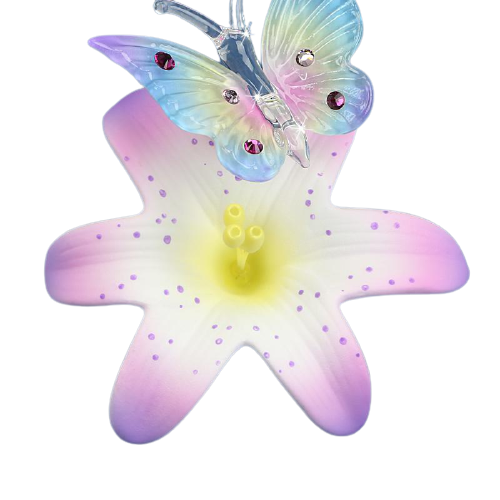 Glass Butterfly & Pink Lily Figurine Accented with Genuine Crystals
