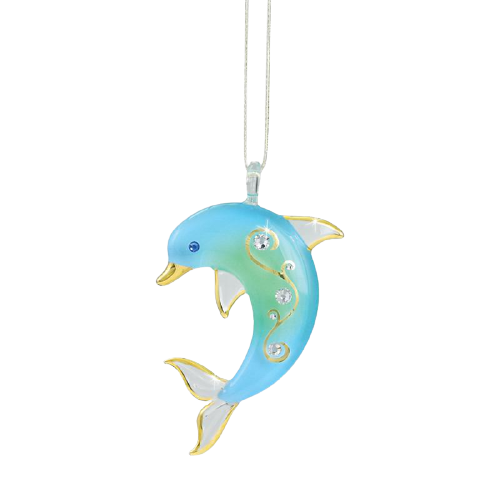 Glass Baron  Hanging Blue Dolphin W/ Crystals & 22kt gold Accents