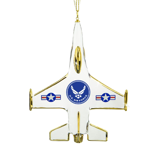 Glass Ornament Jet Air Force F-16 Handcrafted Accented with 22kt Gold Glass Baron