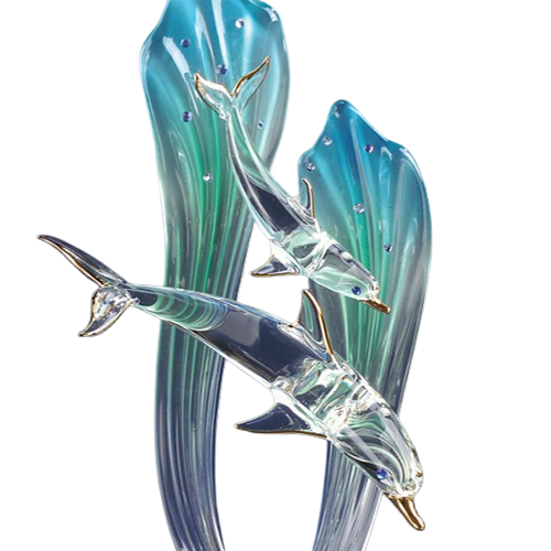 Glass  Dolphin and Baby Collectible Figurine with Crystal Accents