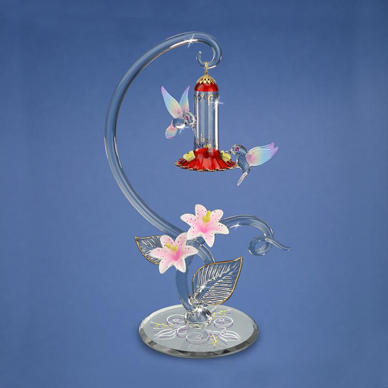 Glass Large Hummingbird Feeder Figurine with Crystals Accents