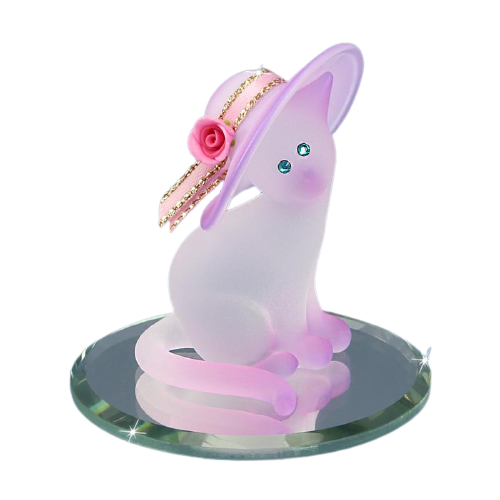Glass Pink Cat Handcrafted Figurine Accented W/ Genuine Crystals
